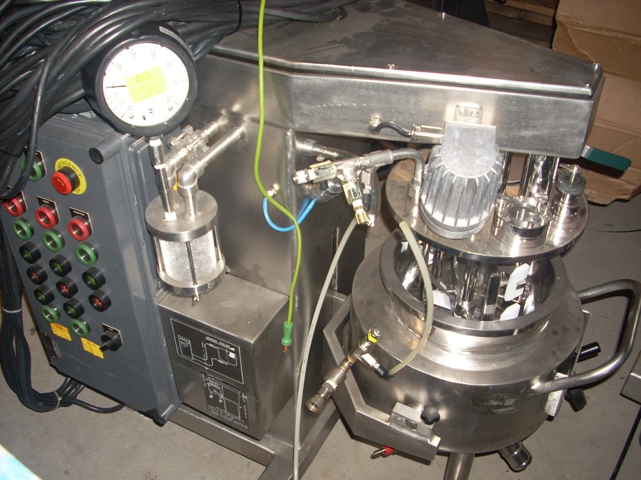 Used Brogli Multi Homo mixer.  Stainless steel contacts.  Model Multi Homo Type MH10C.  10 liter working capacity. .28 kw/.37 kw motor 3 phase 60 cycle 208 volt. Triple motion agitator. Anchor Hi/Lo Scraper.  Spiral Agitators. Homogenizer. 3 phase 60 cycle 208 volt. 1600/3400 rpmTop mounted light.  Mixer bowl rated 25 psi / Full vacuum @ 400 degrees F.  Jacket rated 43.5 psi @ 400 degrees F.  Serial Number WO2762.  Built 1987.  Bowl mounted on castors with manual lift.  Vacuum pump inside control cabinet.  Controls.  Serial Number 2762. Pharmaceutical Mixer, internal polished.    
